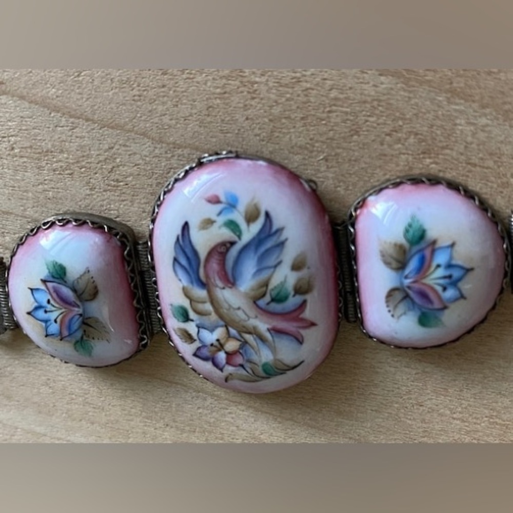 Rare! Gorgeous porcelain earrings & matching bracelet with bird & flower pattern - Picture 4 of 5